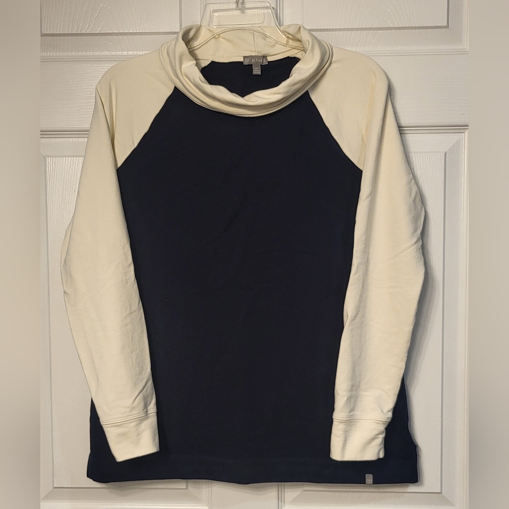 T By Talbots Blue And Cream  Funnel Cowl Neckline Knit Top Size Mp